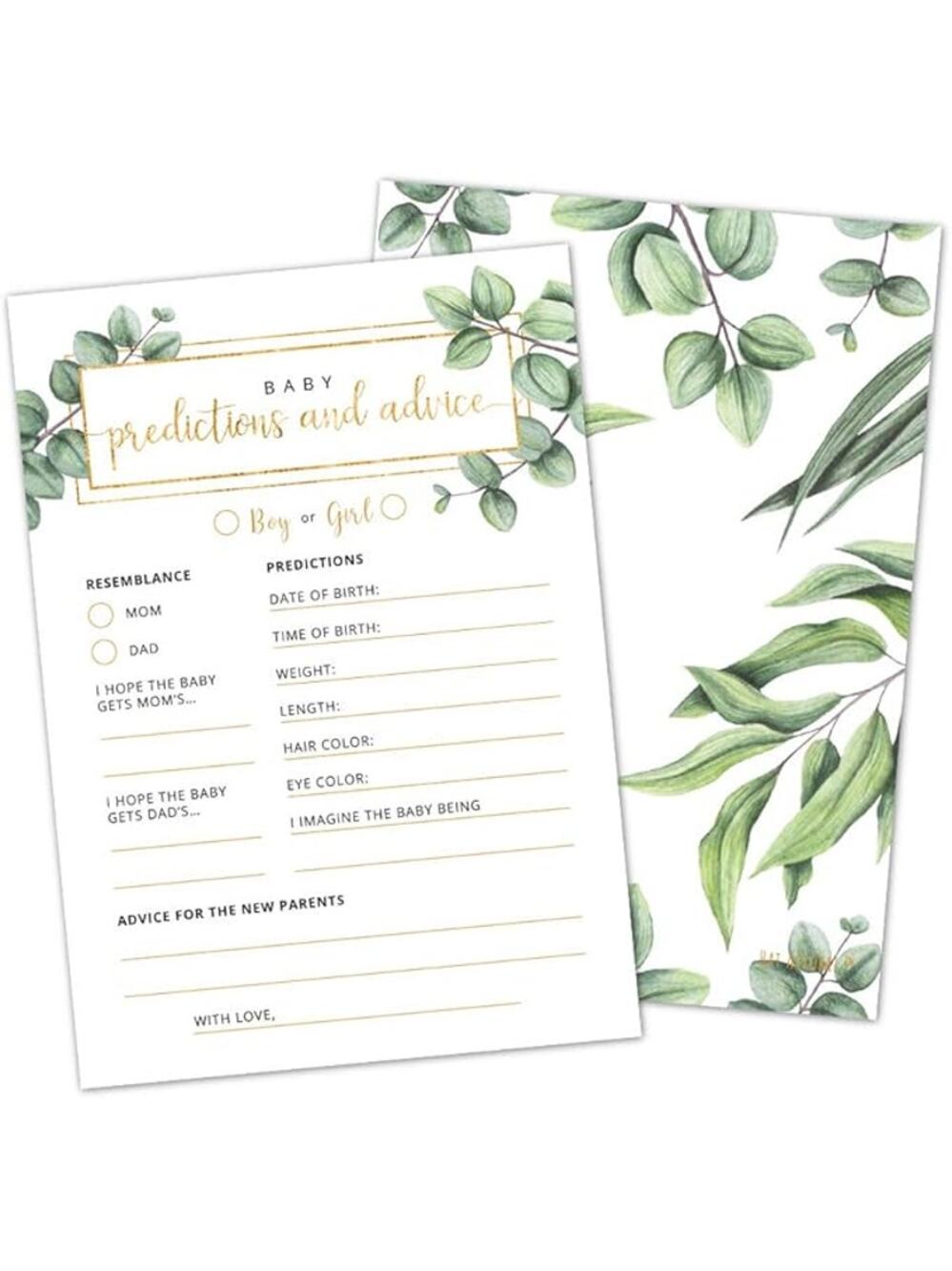 Baby Predictions and Advice Cards Baby Shower Games Greenery Watercolor Design